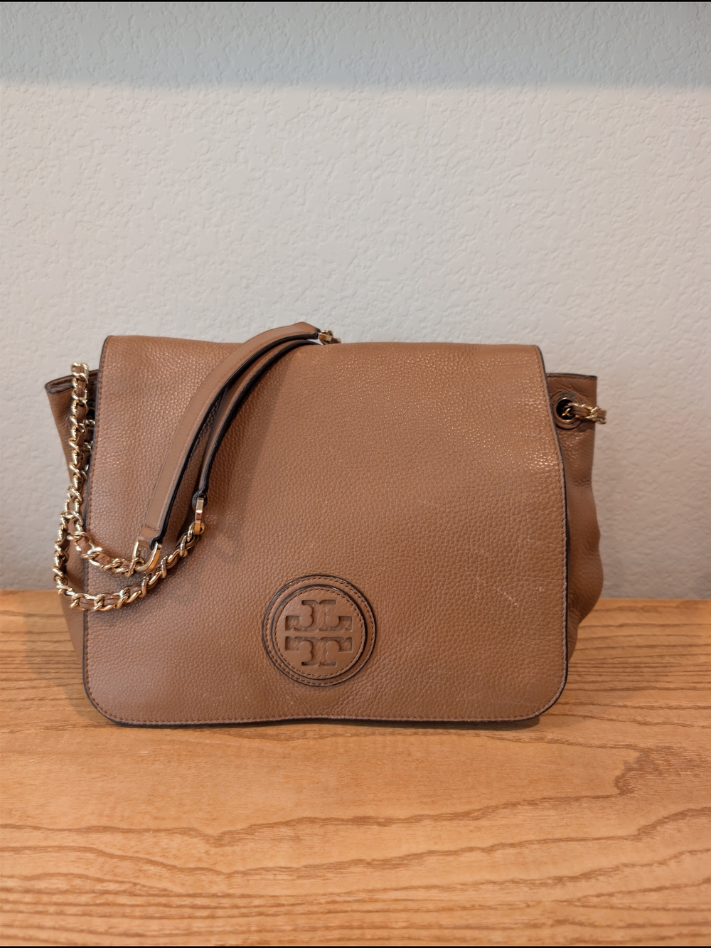 Tory Burch Tan Pebbled Leather Chain-Handle Shoulder Bag